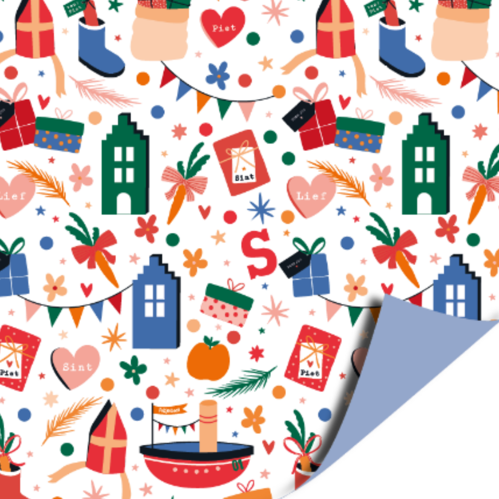 Dubbelzijdig cadeaupapier met op een witte achtergrond vrolijk gekleurde huisjes, vlaggetjes en allerlei dingen die met sinterklaas te maken hebben. De achterkant is effen blauw.
