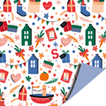 Dubbelzijdig cadeaupapier met op een witte achtergrond vrolijk gekleurde huisjes, vlaggetjes en allerlei dingen die met sinterklaas te maken hebben. De achterkant is effen blauw.