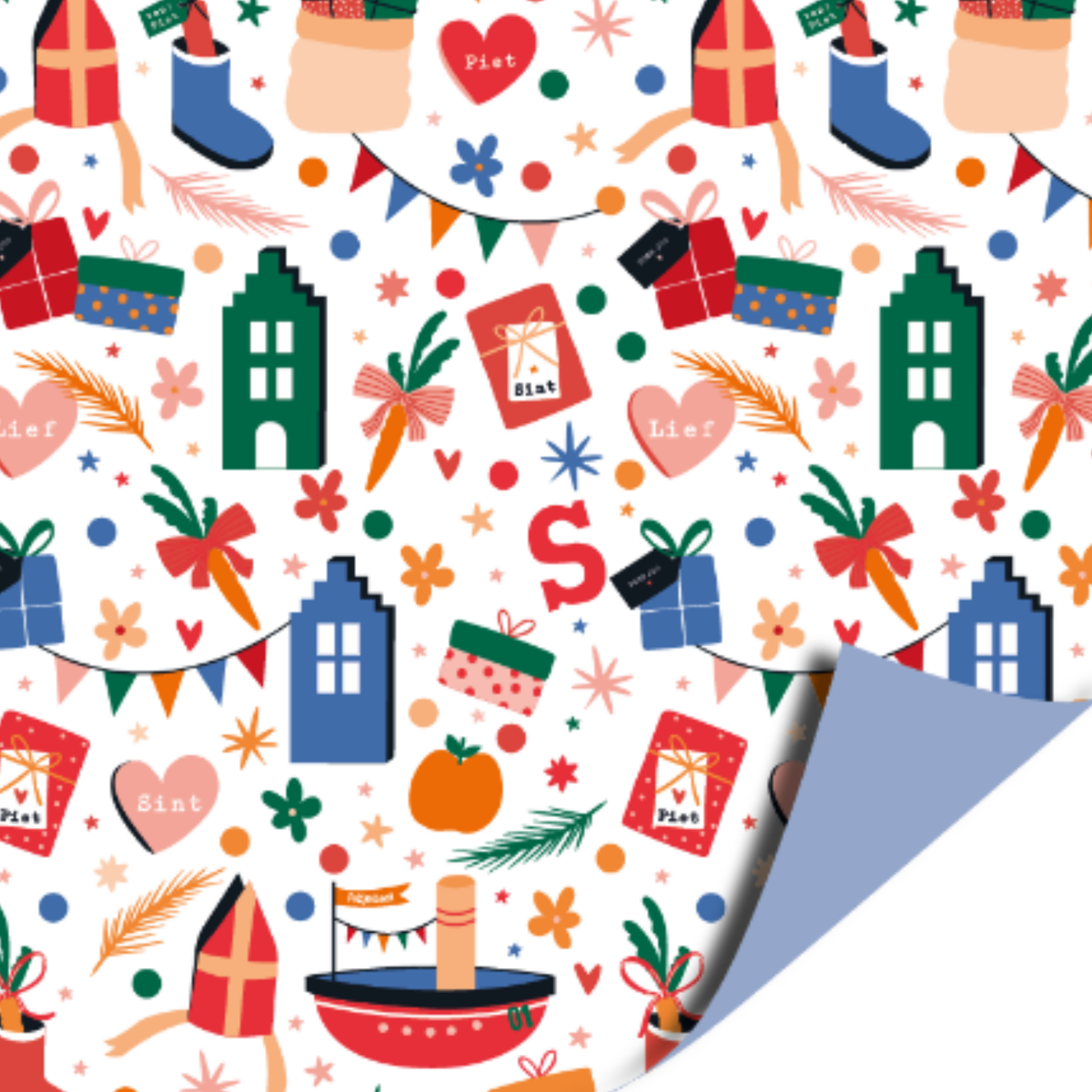 Dubbelzijdig cadeaupapier met op een witte achtergrond vrolijk gekleurde huisjes, vlaggetjes en allerlei dingen die met sinterklaas te maken hebben. De achterkant is effen blauw.