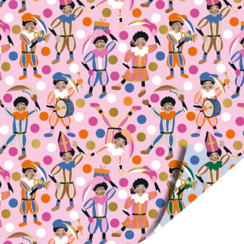Dubbelzijdig cadeaupapier met op de ene kant roze met pieten die muziek maken en dansen en aan de andere kant dezelfde afbeeldingen maar dan op lichtblauw papier