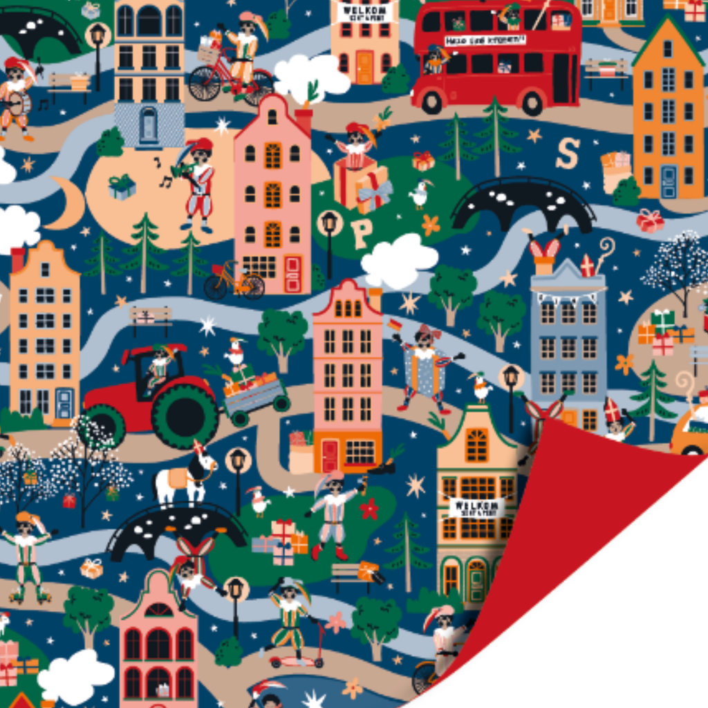 Cadeaupapier sinterklaas met huizen, auto's, wegen en pieten die cadeautjes bezorgen