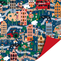 Cadeaupapier sinterklaas met huizen, auto's, wegen en pieten die cadeautjes bezorgen