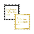 Stickers in de vorm van een postzegel met goud accenten en letters Liefs van de Sint.