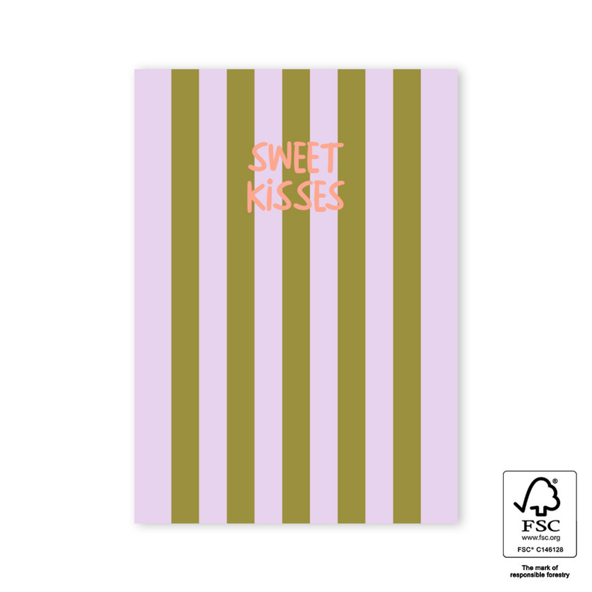 Ansichtkaart met lila en olijfgroene streepjes met de tekst sweet kisses in oranje