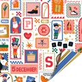 Dubbelzijdig cadeaupapier met schilderijtjes waarin pieten, sinterklaas, cadeautjes en andere dingen staan die te maken hebben met sinterklaas. De achterkant is gestreept.