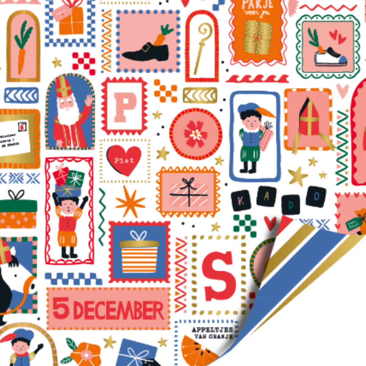 Dubbelzijdig cadeaupapier met schilderijtjes waarin pieten, sinterklaas, cadeautjes en andere dingen staan die te maken hebben met sinterklaas. De achterkant is gestreept.