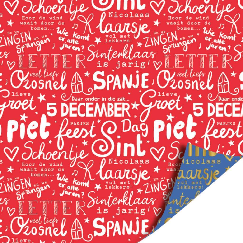 Dubbelzijdig cadeaupapier met aan de ene zijde rood papier met sinterklaaswoorden in het wit. Aan de andere zijde dezelfde woorden in het goud op een donkerblauwe achtergrond