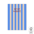 Ansichtkaart met beige en blauwe strepen en de tekst hip hip hurray!