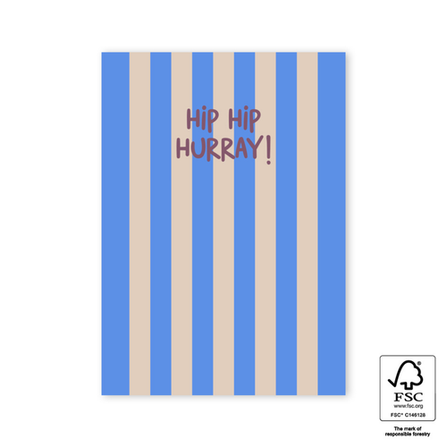Ansichtkaart met beige en blauwe strepen en de tekst hip hip hurray!