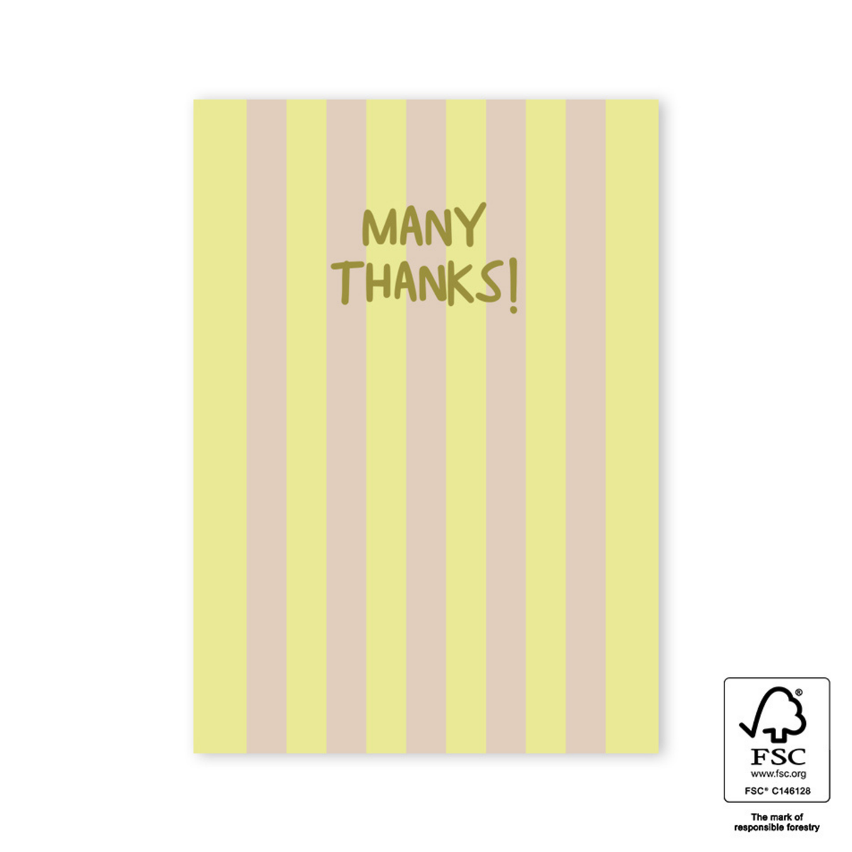 Ansichtkaart met gele en beige strepen en de tekst many thanks!