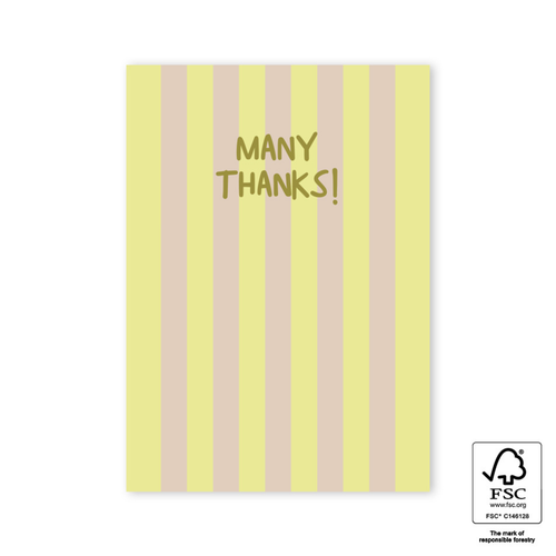 Ansichtkaart met gele en beige strepen en de tekst many thanks!