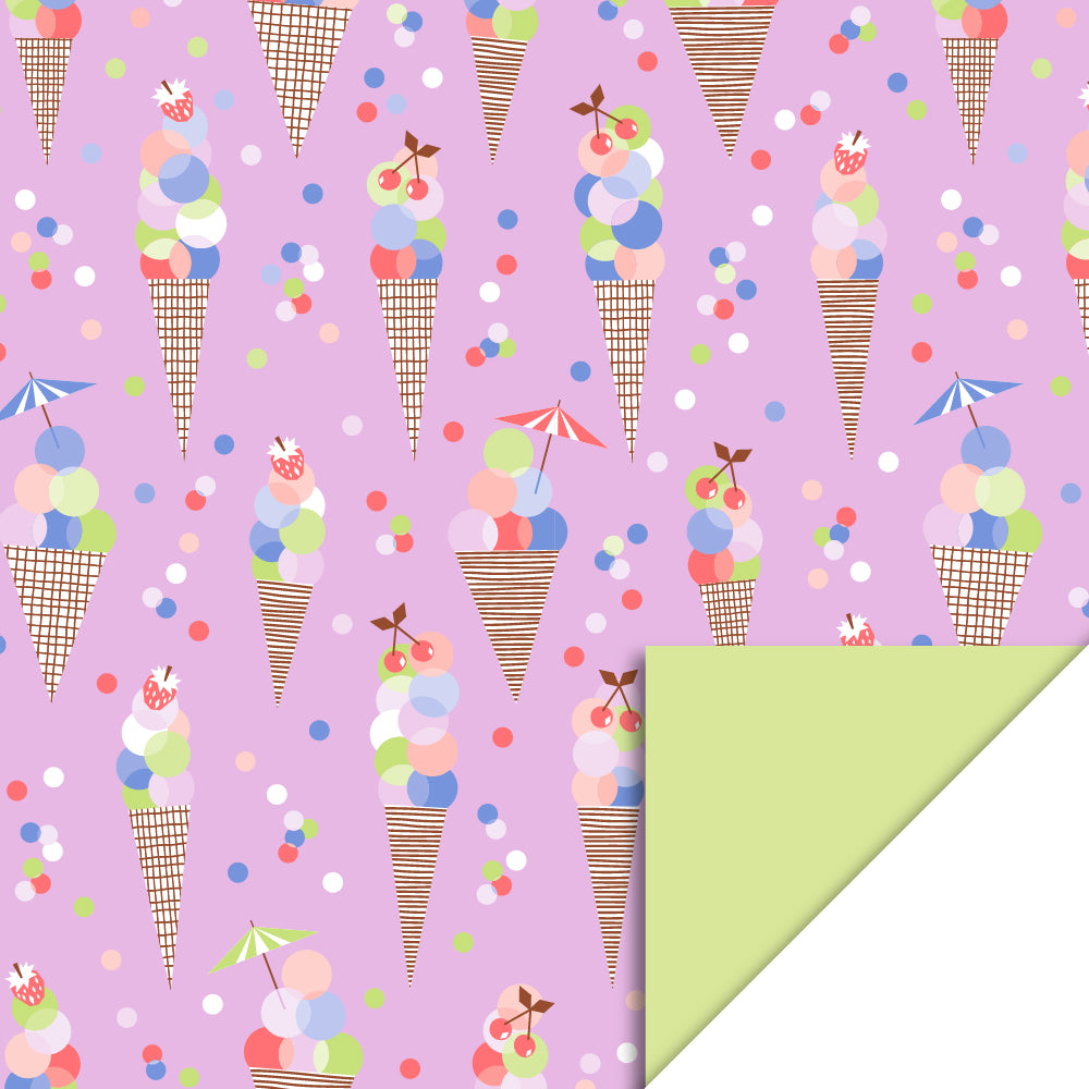 Dubbelzijdig cadeaupapier met vrolijke ijsjes op een roze achtergrond met aan de andere zijde de kleur lemon