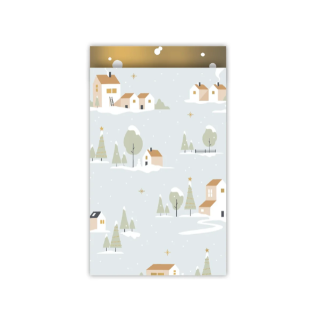 Lichtblauw cadeauzakje met huisjes en kerstbomen in de sneeuw. Met gouden effecten.