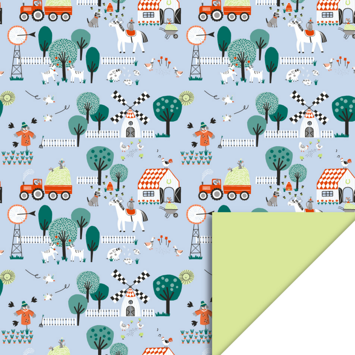 Dubbelzijdig lichtblauw cadeaupapier met tractoren, boerderijsdieren, molens en bomen.