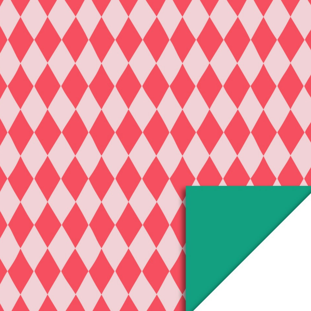 Dubbelzijdig cadeaupapier met rode en roze ruiten aan de ene kant en aan de andere kant effen groen.