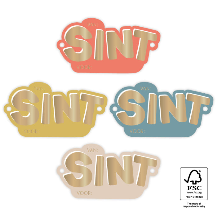 4 verschillende Cadeaulabels met het woord sint in goudkleur.