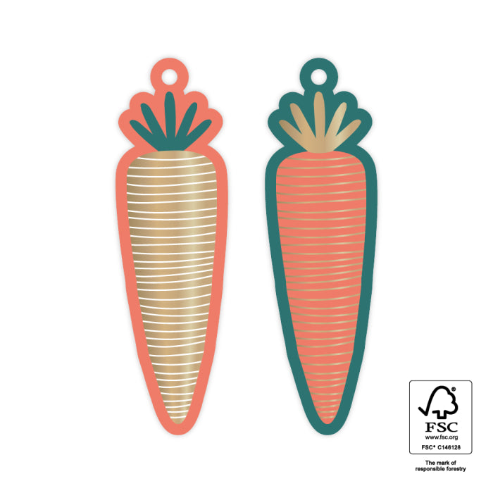 Cadeaulabels van wortels met gouden en groene accenten.