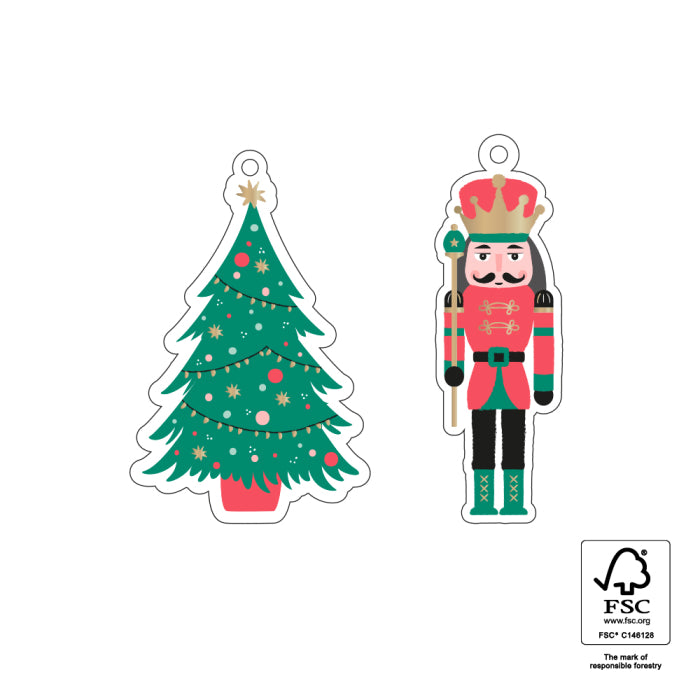 Cadeaulabels met notenkraker en kerstboom, setje van 2