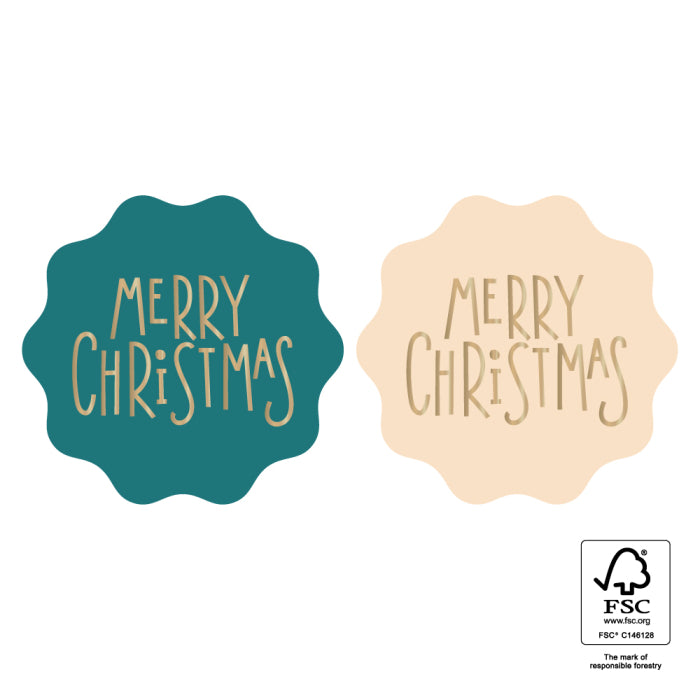 Stickers met de tekst Merry Chrismas in goudfolie in groen en beige