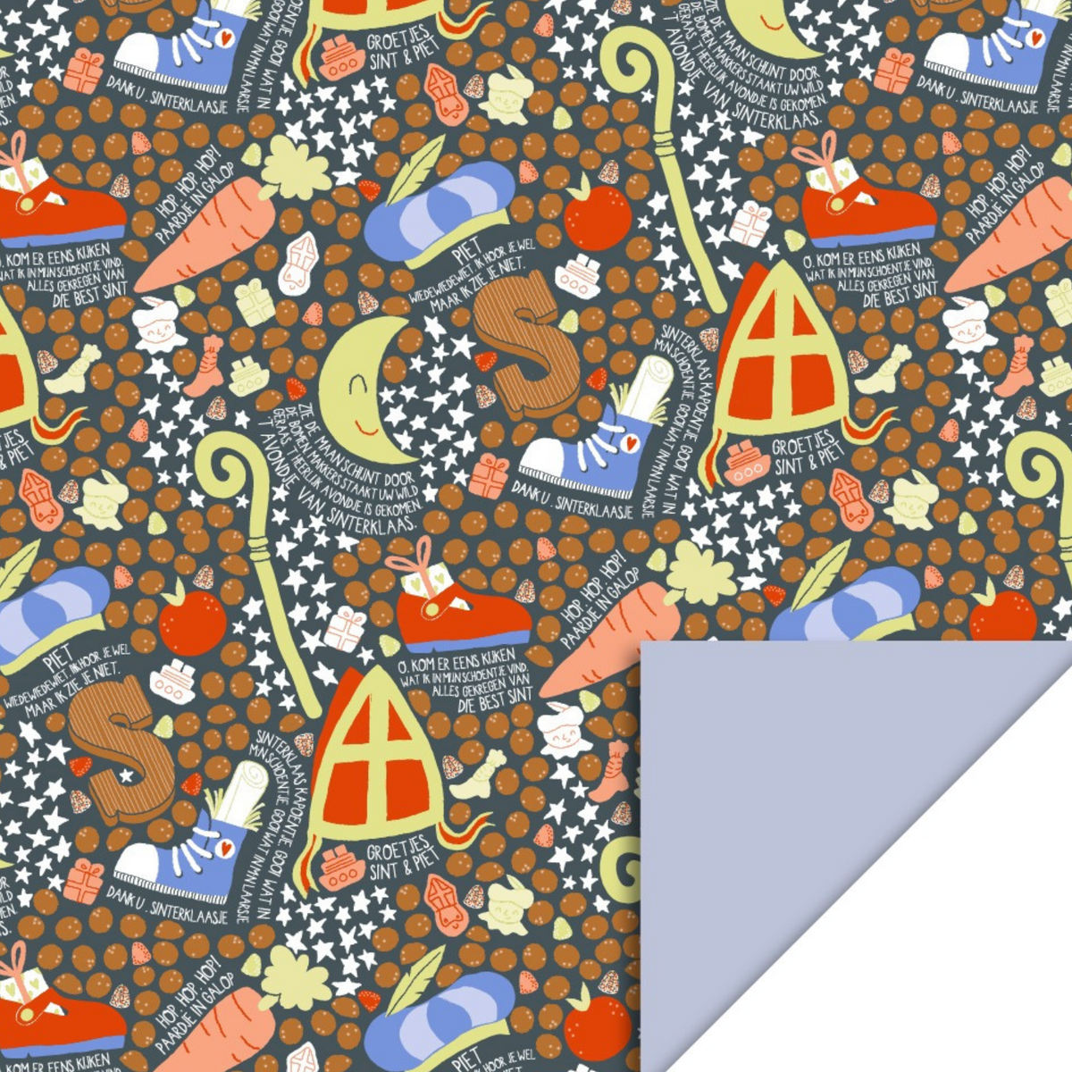Cadeaupapier sinterklaas met pepernoten, de mijter, schoen zetten, de staf, wortels, chocoladeletters en sinterklaasliedjes.
