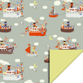 Saliegroen dubbelzijdig cadeaupapier met verschillende stoomboten van sinterklaas.