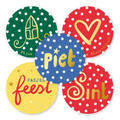 5 verschillende ronde sinterklaas stickers in de kleuren rood, blauw, geel en groen met gouden accenten zoals een mijter, het woord sint en piet en een hartje.