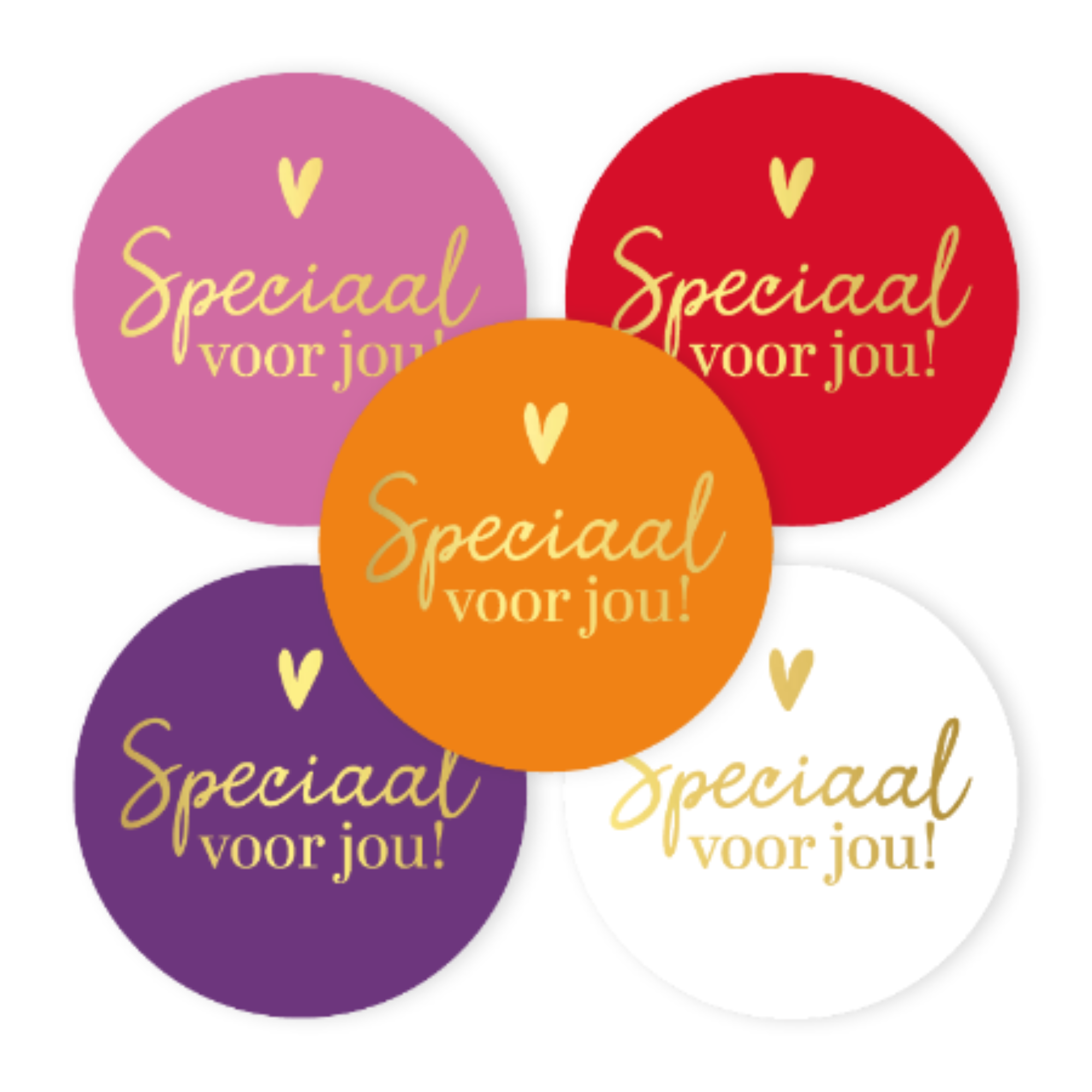 Stickers in 5 varianten (roze, oranje, paars, rood en wit) met de tekst speciaal voor jou en een hartje erboven in goudfolie
