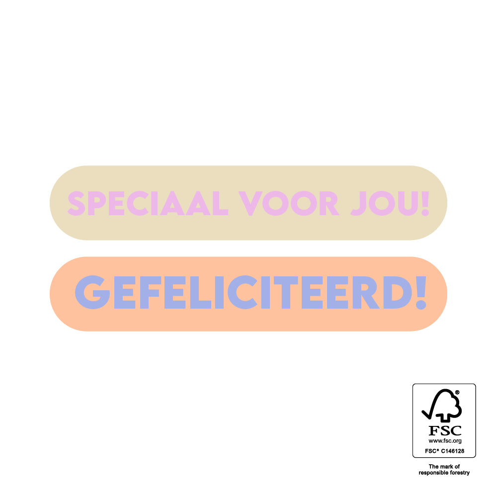 Rechthoekige stickers met de tekst speciaal voor jou en gefeliciteerd 