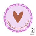Lila met paarse sticker met daarop de tekst ingepakt met liefde en een hartje in het midden.