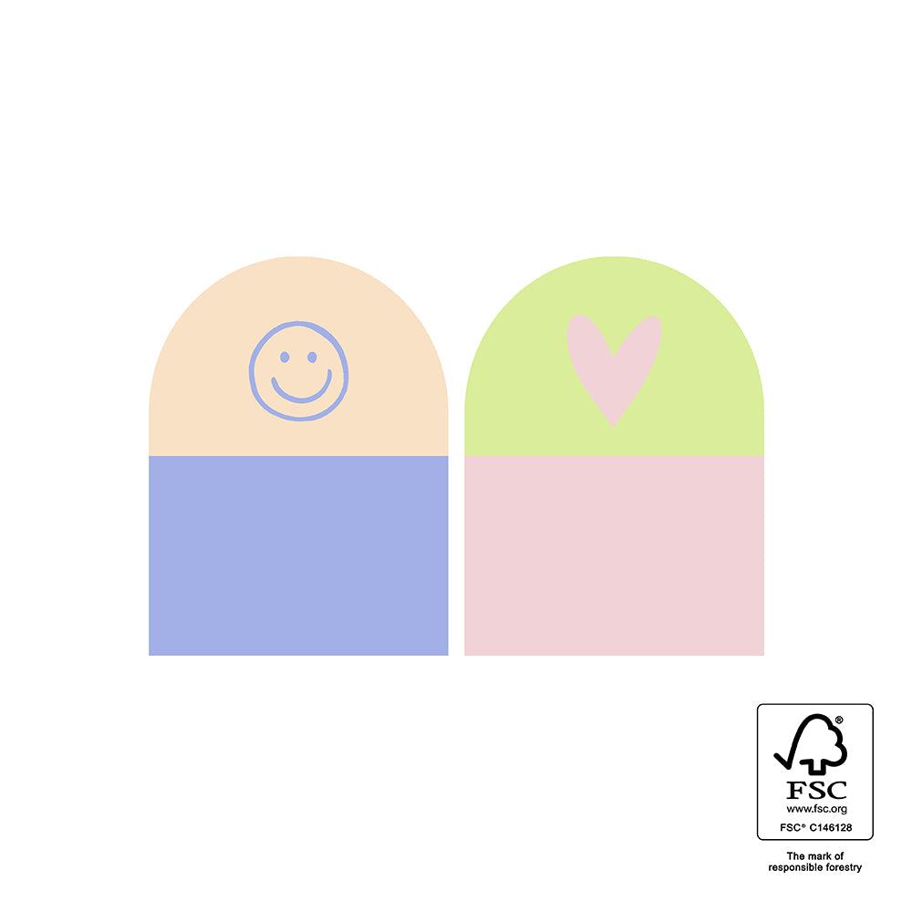 twee verschillende stickers, een met een smiley en de ander met een hart. De stickers hebben beiden 2 kleuren