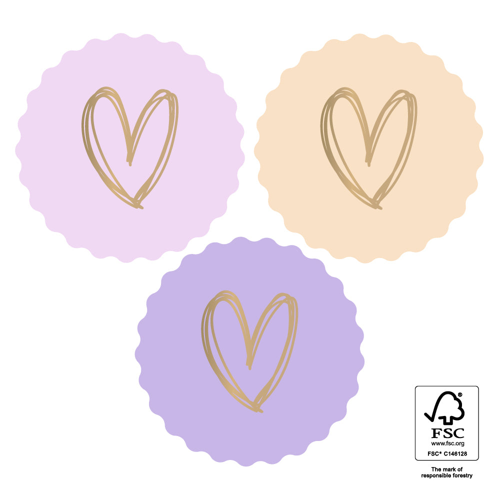 stickers in pasteltinten met een kartelrandje met een gouden hartje
