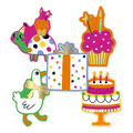 Stickers in het thema feest met cadeautjes, ballonnen, schildpadden, ganzen en taartjes