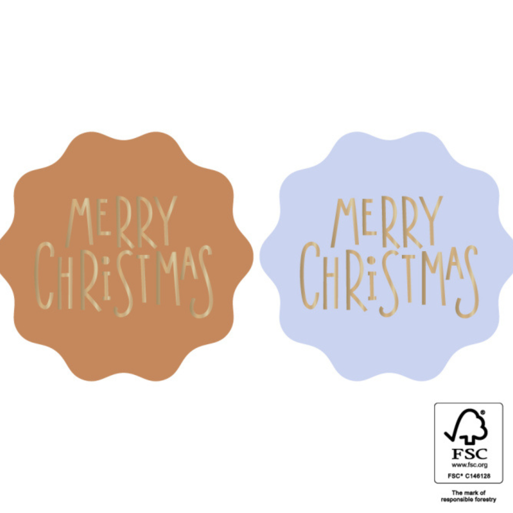 Ronde stickers met een golvende rand in de kleur bruin en lichtblauw en met gouden letters merry christmas