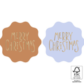 Ronde stickers met een golvende rand in de kleur bruin en lichtblauw en met gouden letters merry christmas