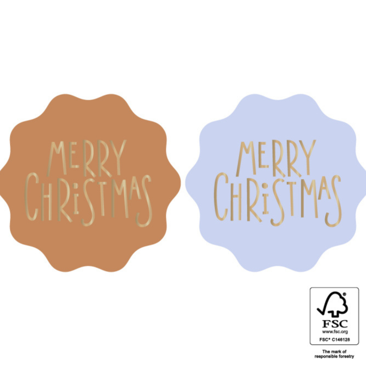 Ronde stickers met een golvende rand in de kleur bruin en lichtblauw en met gouden letters merry christmas