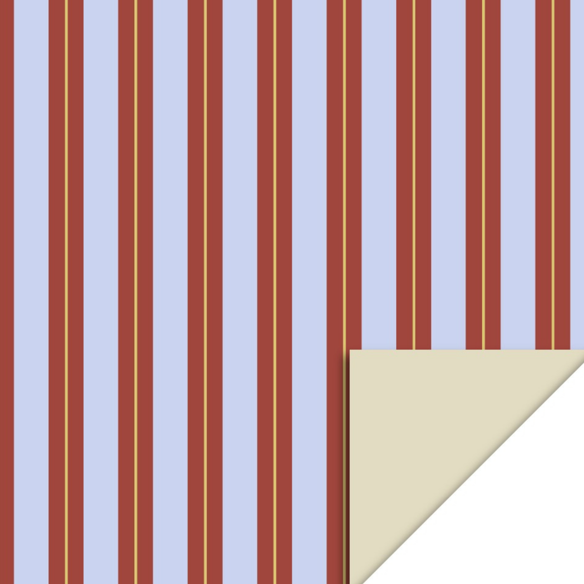 Dubbelzijdig cadeaupapier met strepen in de kleuren lichtblauw en bruin met een fijn geel streepje.