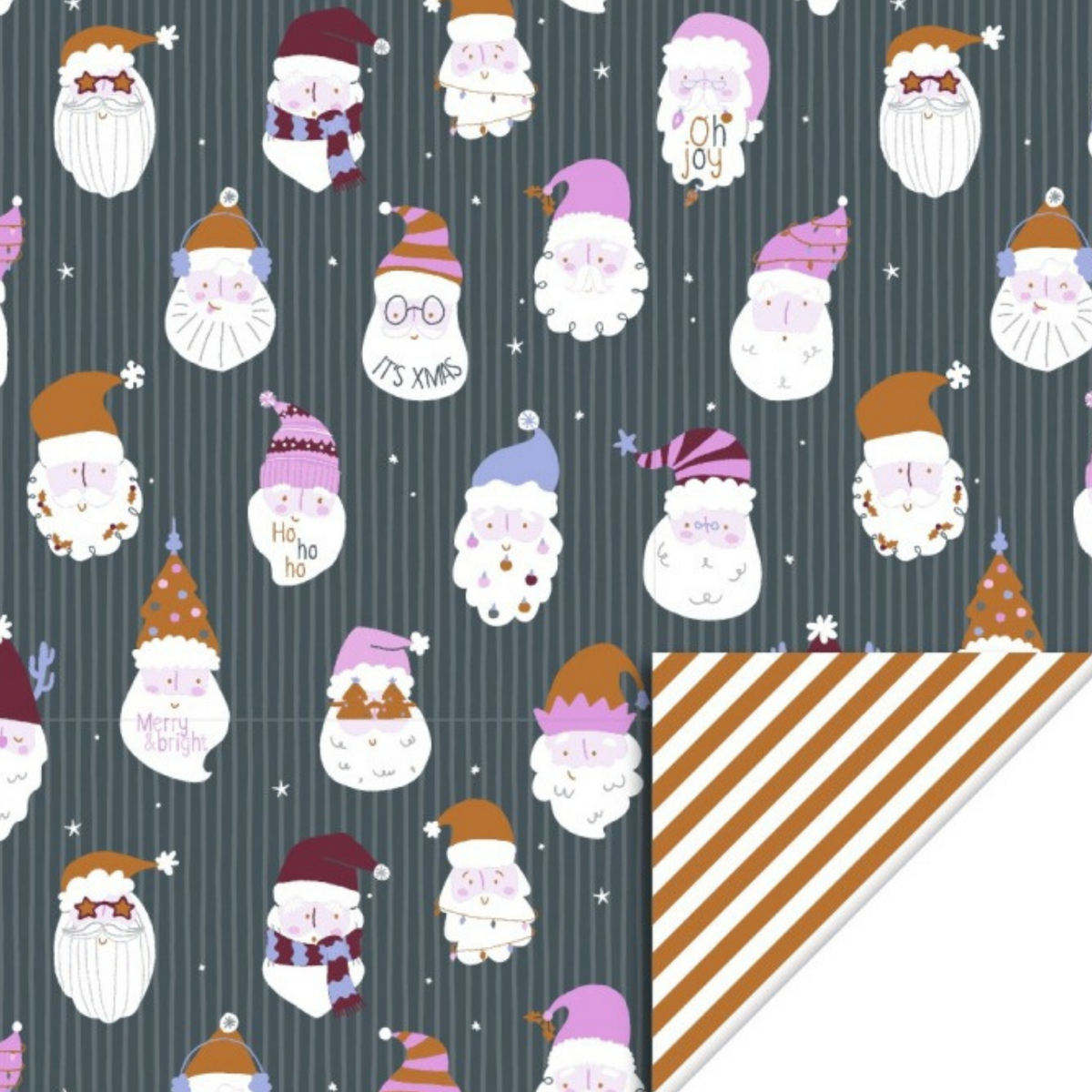 Dubbelzijdig grijs/blauw cadeaupapier met heel veel grappige hoofden van kerstmannen