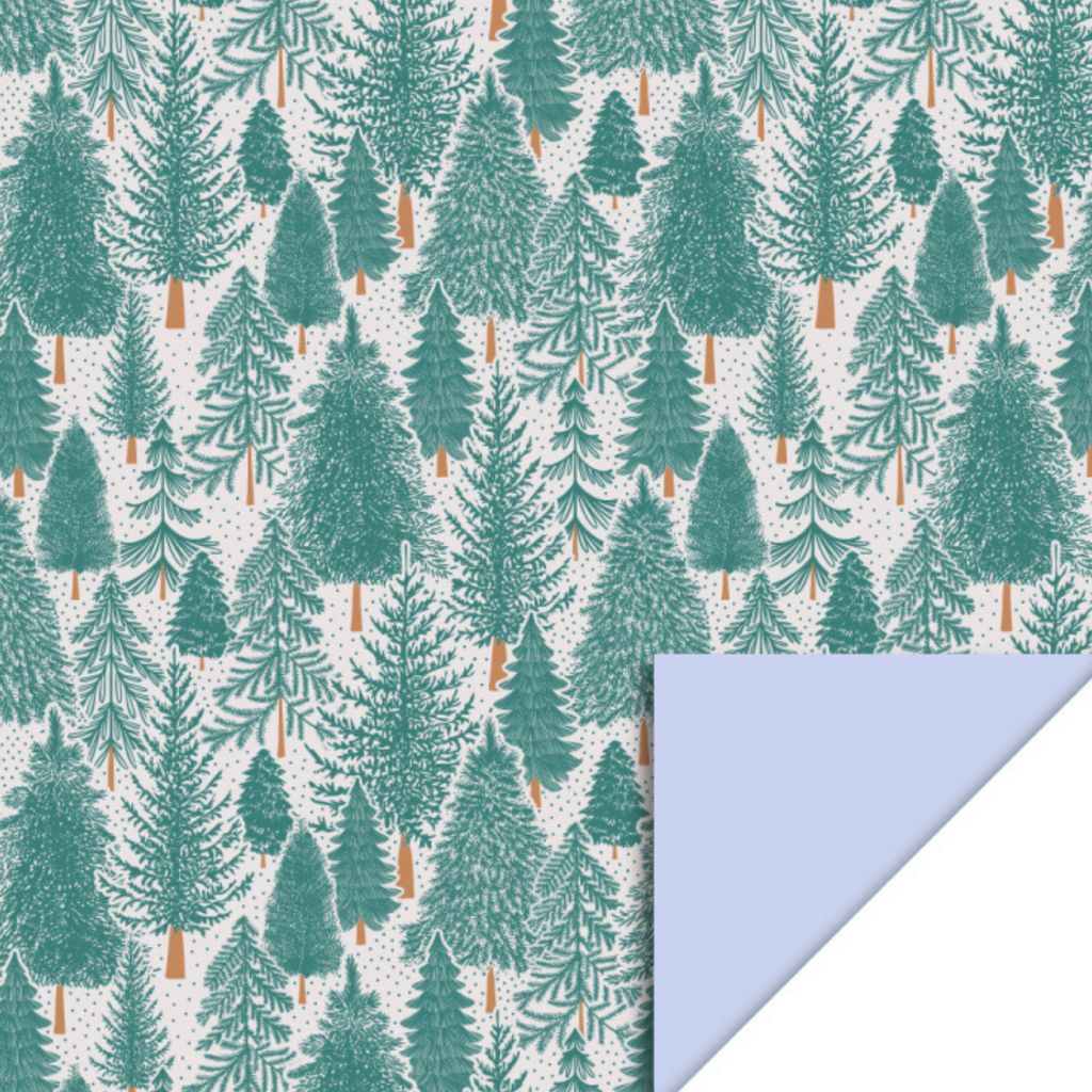 Dubbelzijdig cadeaupapier kerst met veel verschillende kerstbomen.