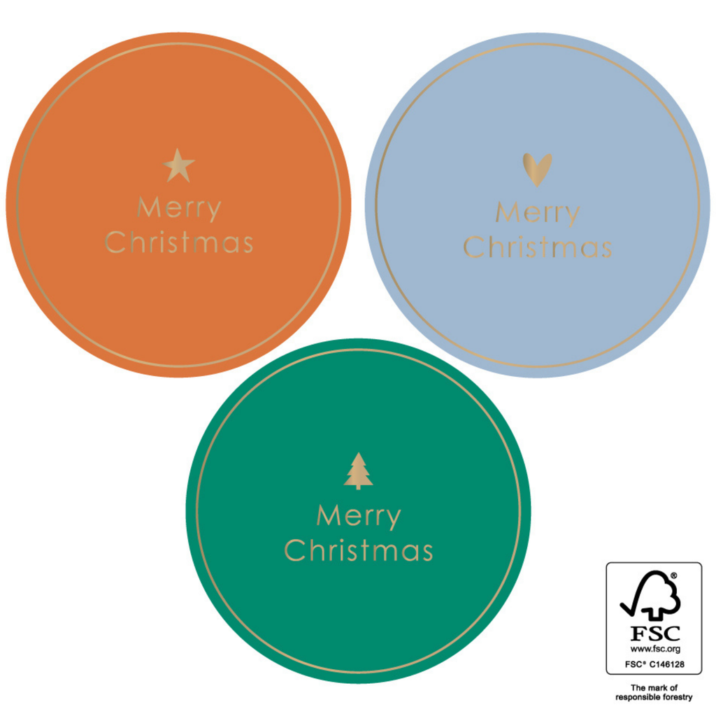 Grote ronde stickers in de kleuren oranje, lichtblauw en groen met in het goud de tekst merry christmas