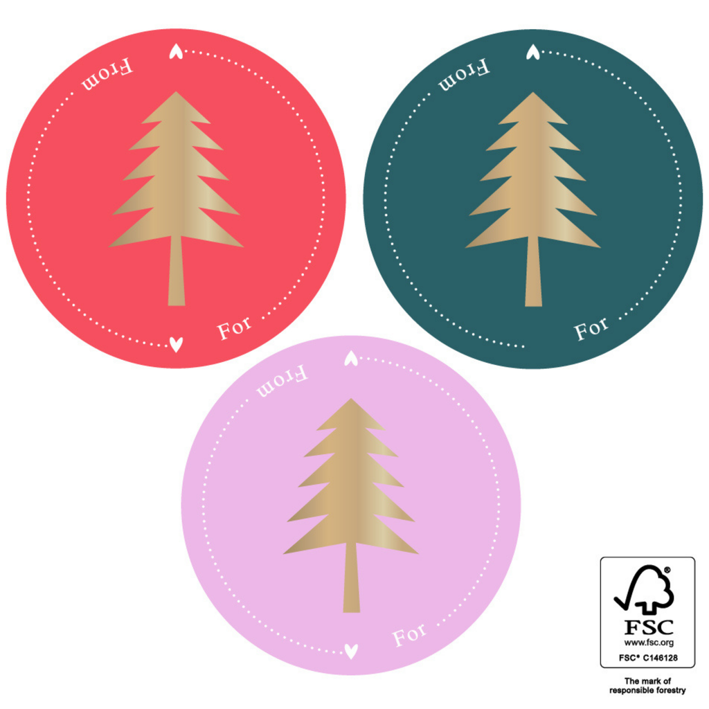 Grote ronde stickers in de kleuren rood, roze en petrol  met een gouden kerstboom erop