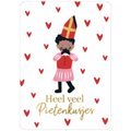 Ansichtkaart met een pietje die een handkusje geeft en veel hartjes rondom en de tekst heel veel pietenkusjes in goud