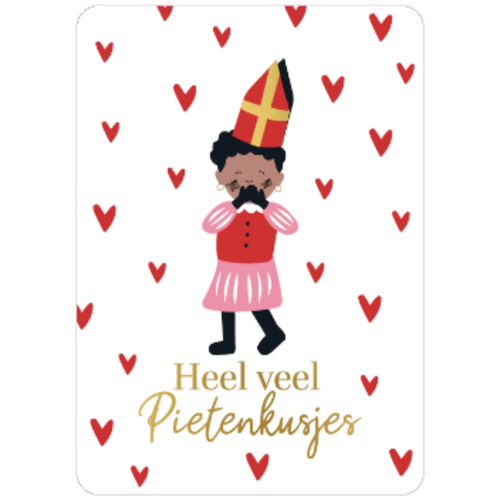 Ansichtkaart met een pietje die een handkusje geeft en veel hartjes rondom en de tekst heel veel pietenkusjes in goud