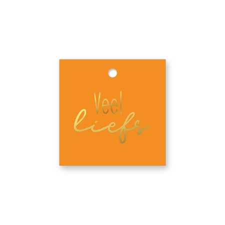 Oranja cadeaulabel met de tekst veel liefs in goudfolie