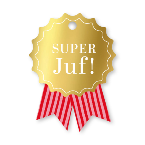Cadeaulabel als rozet met goud en rood/roze en de woorden superjuf