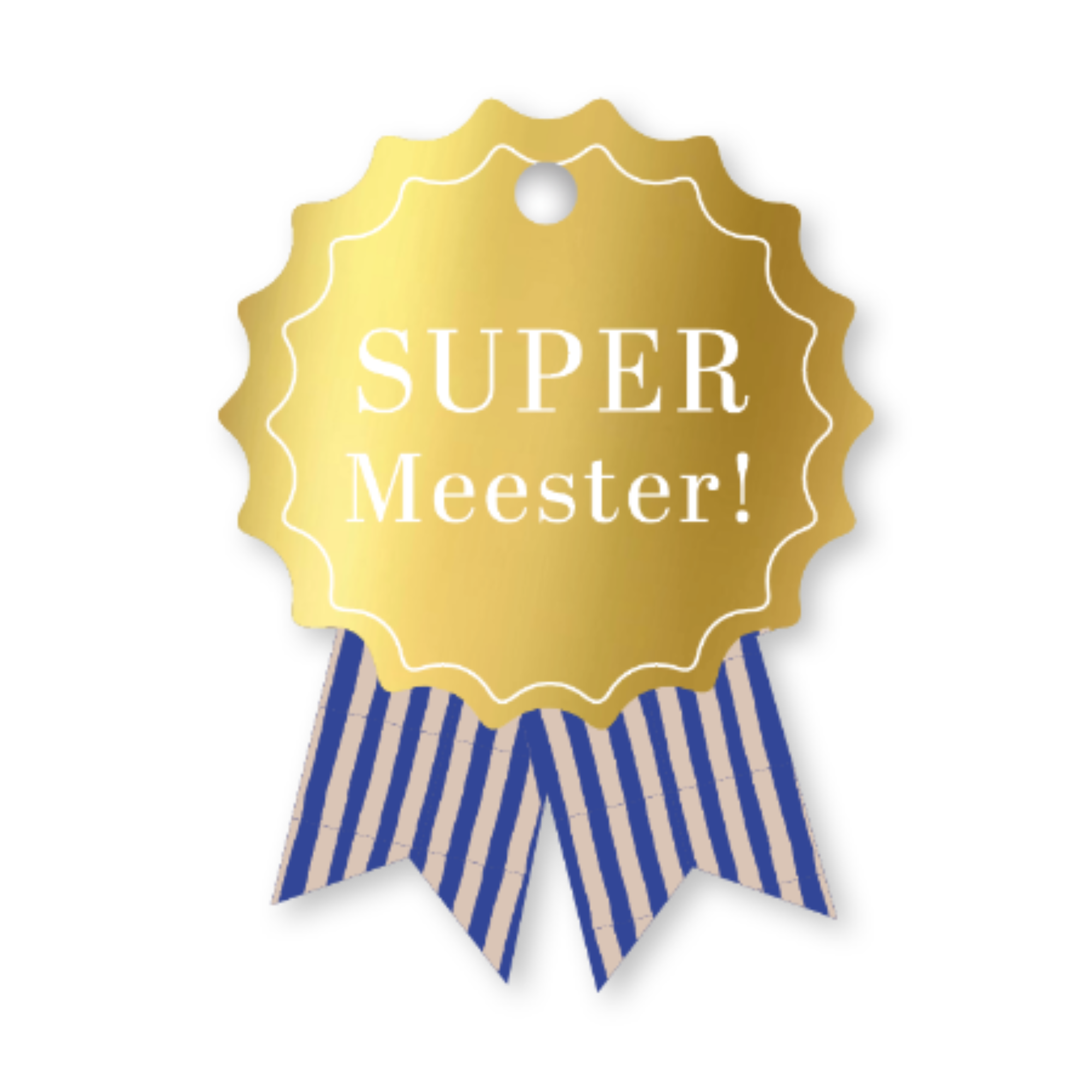 cadeaulabel in de vorm van een roze met de tekst supermeester en de kleuren goud en blauw