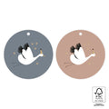 Ronde cadeaulabels in blauw en beige met een ooievaar en sterretjes met goudfolie