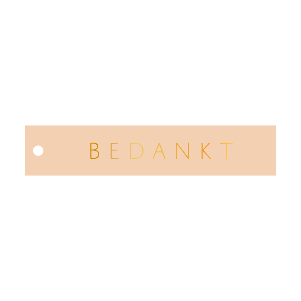 Rechthoekig cadeaulabel bedankt in zachtroze kleur met goudkleurige letters 