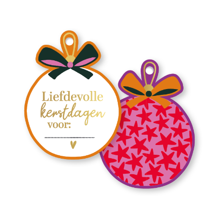 Dubbelzijdig cadeaulabel in de vorm van een kerstbal met de tekst liefdevolle kerstdagen en sterretjes