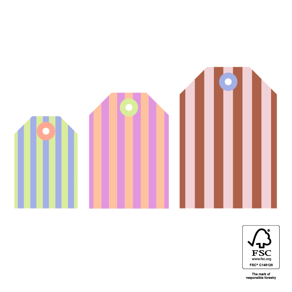 Een setje met 3 cadeaulabels in verschillende maten met streepjes in vrolijke kleuren.