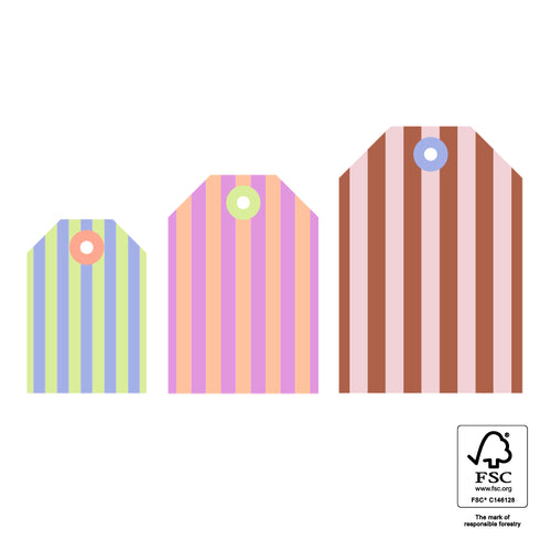 Een setje met 3 cadeaulabels in verschillende maten met streepjes in vrolijke kleuren.